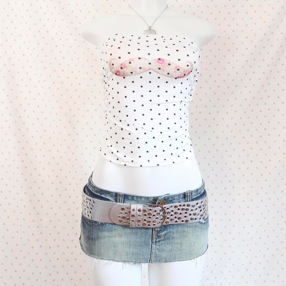 2010s mustache graphic tube top polka dot strapless top tumblr fashion